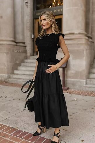 Women’s 2025 Summer Causal Ruffle Sleeve Crochet Knit Tops Long Dress for Ladies Fall Trendy Tiered Dress in Saudi Arabia