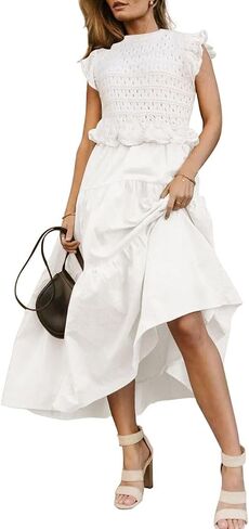 Women’s 2025 Summer Causal Ruffle Sleeve Crochet Knit Tops Long Dress for Ladies Fall Trendy Tiered Dress in Saudi Arabia