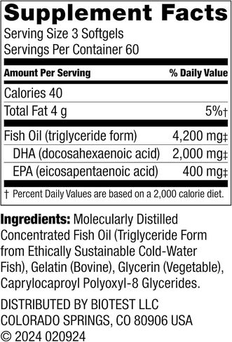 Biotest Flameout DHA -Rich Oil - 4200 Mg Omega -3 - Pharmaceutical Grade DHA & EPA - 90 Softgels (30 يومًا) in Kuwait