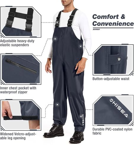 HISEA Waterproof Bib Overall Fishing Bib Pants Made from Durable PVC-Coated Nylon for Fishing, Hunting, Work, Sailing Navy in Saudi Arabia