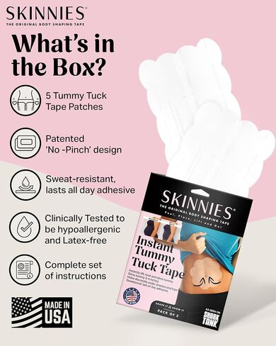 Skinnies Tummy Tuck Tape - Patented & Made in USA - Slim Belly 3-4 Inches Instantly - Clear No-Pinch Adhesive Strips, Sweatproof and All-Day Wear Body Tape for Women - 5 Pack in Saudi Arabia