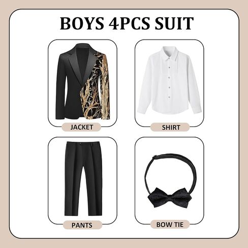 Lamgool Tuxedo بدلات للأولاد Kids الزي الرسمي مجموعة من 4 قطع مع ترتيل السترة قميص سروال أسود بوي راقصة حفل زفاف in Kuwait