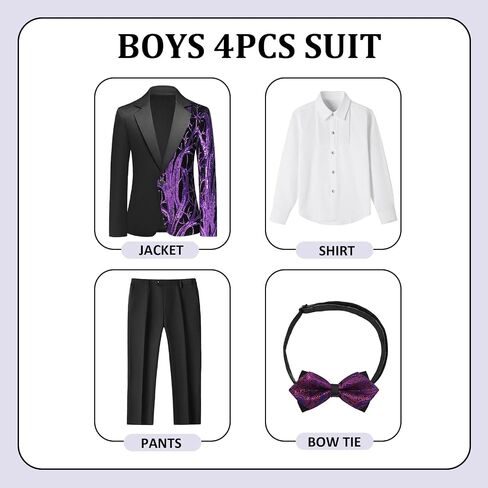 Lamgool Tuxedo Suits for Boys Kids Formal Outfit 4-Piece Set with Sequin Blazer Dress Shirt Black Pants Bow tie Prom Wedding in Saudi Arabia