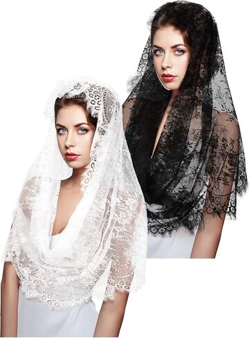 Bencailor 2 Pcs Catholic Mantilla Veil for Church The First Communion Lace Veils Long Wedding Veils for Bridal Women in Saudi Arabia