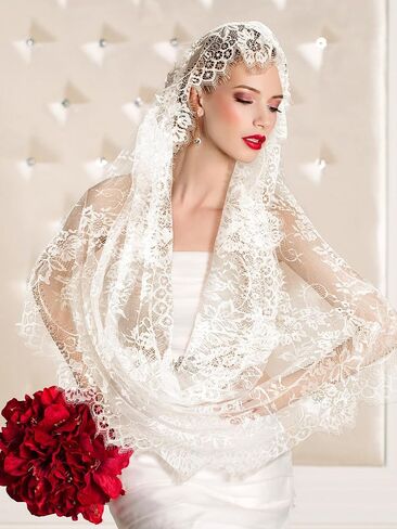 Bencailor 2 Pcs Catholic Mantilla Veil for Church The First Communion Lace Veils Long Wedding Veils for Bridal Women in Saudi Arabia
