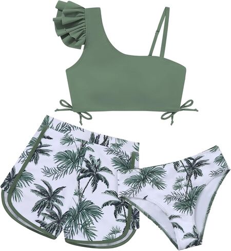 Weixinbuy Girls Swimsuit 3 قطعة بدلة السباحة للمراهقين أطفال الكشكش ملابس السباحة الاستوائية طباعة بيكيني in Kuwait
