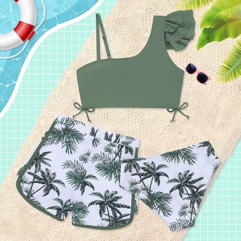 Weixinbuy Girls Swimsuit 3 قطعة بدلة السباحة للمراهقين أطفال الكشكش ملابس السباحة الاستوائية طباعة بيكيني in Kuwait