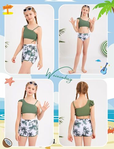 Weixinbuy Girls Swimsuit 3 قطعة بدلة السباحة للمراهقين أطفال الكشكش ملابس السباحة الاستوائية طباعة بيكيني in Kuwait