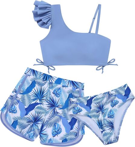 Weixinbuy Girls Swimsuit 3 قطعة بدلة السباحة للمراهقين أطفال الكشكش ملابس السباحة الاستوائية طباعة بيكيني in Kuwait