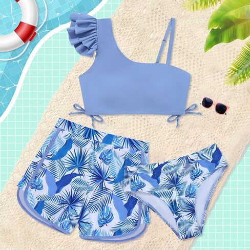Weixinbuy Girls Swimsuit 3 قطعة بدلة السباحة للمراهقين أطفال الكشكش ملابس السباحة الاستوائية طباعة بيكيني in Kuwait