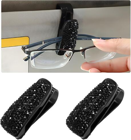 2 PCS Car Sun Visor Glasses Holder, Fashion Bling Car Eyeglasses Sunglasses Hanger for Women Girls, Glasses Holder Clip Hanger Mount with Ticket Card Clip, Car Accessories (Black) in Saudi Arabia