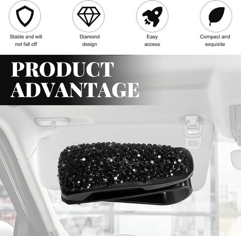 2 PCS Car Sun Visor Glasses Holder, Fashion Bling Car Eyeglasses Sunglasses Hanger for Women Girls, Glasses Holder Clip Hanger Mount with Ticket Card Clip, Car Accessories (Black) in Saudi Arabia