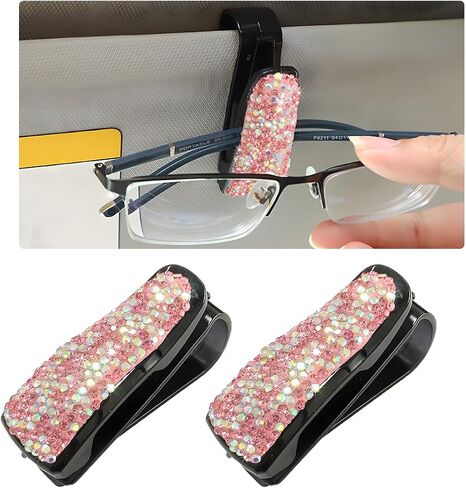 2 PCS Car Sun Visor Glasses Holder, Fashion Bling Car Eyeglasses Sunglasses Hanger for Women Girls, Glasses Holder Clip Hanger Mount with Ticket Card Clip, Car Accessories (Black) in Saudi Arabia