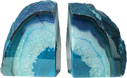 AMOYSTONE Teal Agate Geode Bookends, Unique Natural Crystal Book Holder 2-3 LBS with Rubber Bumpers, Sujetalibros for Small Books and Kitchen Cookbooks, Stylish and Functional in Saudi Arabia