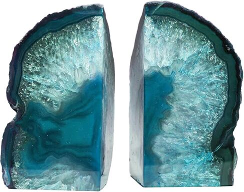 AMOYSTONE Teal Agate Geode Bookends, Unique Natural Crystal Book Holder 2-3 LBS with Rubber Bumpers, Sujetalibros for Small Books and Kitchen Cookbooks, Stylish and Functional in Saudi Arabia
