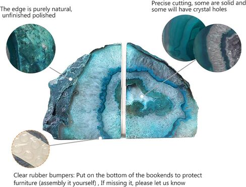 AMOYSTONE Teal Agate Geode Bookends, Unique Natural Crystal Book Holder 2-3 LBS with Rubber Bumpers, Sujetalibros for Small Books and Kitchen Cookbooks, Stylish and Functional in Saudi Arabia
