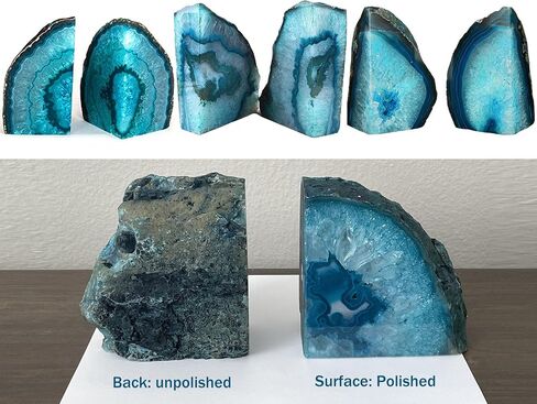 AMOYSTONE Teal Agate Geode Bookends, Unique Natural Crystal Book Holder 2-3 LBS with Rubber Bumpers, Sujetalibros for Small Books and Kitchen Cookbooks, Stylish and Functional in Saudi Arabia
