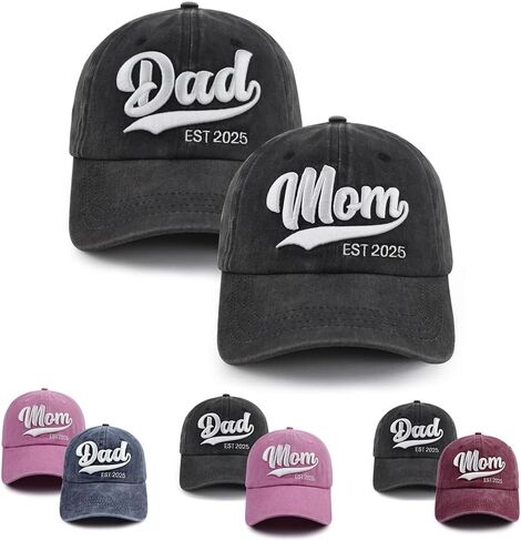 2PCS Mom and Dad EST 2025 2026 Hat, Adjustable 3D Embroidered New Parents Gifts Baseball Cap in Kuwait