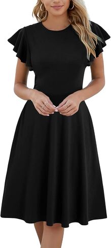 MSLG Women's Fit and Flare Ruffle Short Sleeves Dresses Work V-Back Cocktail Semi Formal A Line Dress with Pockets 842 in Saudi Arabia