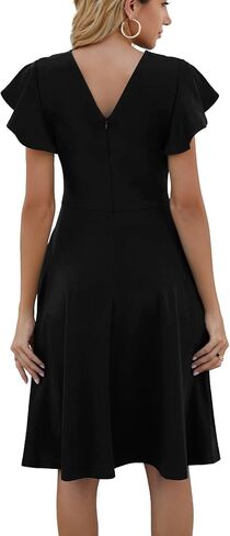 MSLG Women's Fit and Flare Ruffle Short Sleeves Dresses Work V-Back Cocktail Semi Formal A Line Dress with Pockets 842 in Saudi Arabia