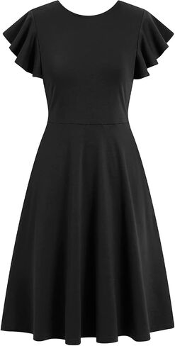 MSLG Women's Fit and Flare Ruffle Short Sleeves Dresses Work V-Back Cocktail Semi Formal A Line Dress with Pockets 842 in Saudi Arabia