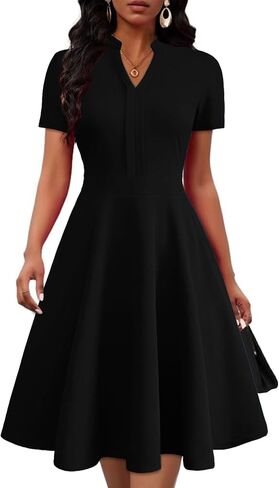 Mokayee Womens Summer Short Sleeve V Neck Fit and Flare Semi Formal Work Wedding Guest Dresses with Pockets in Saudi Arabia