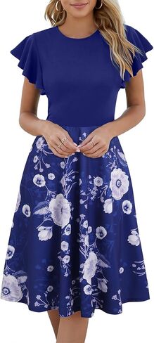 MSLG Women's Fit and Flare Ruffle Short Sleeves Dresses Work V-Back Cocktail Semi Formal A Line Dress with Pockets 842 in Saudi Arabia