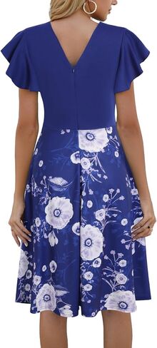 MSLG Women's Fit and Flare Ruffle Short Sleeves Dresses Work V-Back Cocktail Semi Formal A Line Dress with Pockets 842 in Saudi Arabia