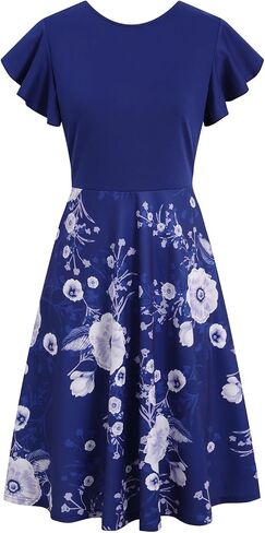 MSLG Women's Fit and Flare Ruffle Short Sleeves Dresses Work V-Back Cocktail Semi Formal A Line Dress with Pockets 842 in Saudi Arabia