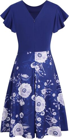 MSLG Women's Fit and Flare Ruffle Short Sleeves Dresses Work V-Back Cocktail Semi Formal A Line Dress with Pockets 842 in Saudi Arabia