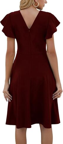 MSLG Women's Fit and Flare Ruffle Short Sleeves Dresses Work V-Back Cocktail Semi Formal A Line Dress with Pockets 842 in Saudi Arabia
