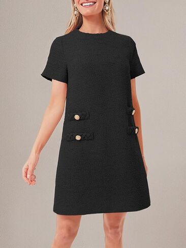 Wenrine Women's Tweed Mini Dress Short Sleeve Crew Neck Work Office Elagant Formal Summer A Line Dresses in Kuwait