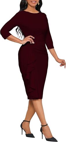 Fitted Work Dresses for Women 3/4 Sleeve Bodycon Ruffle Vintage Pencil Midi Dress in Kuwait