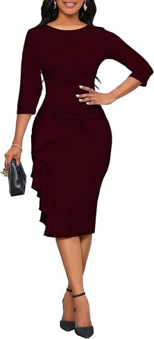 Fitted Work Dresses for Women 3/4 Sleeve Bodycon Ruffle Vintage Pencil Midi Dress in Kuwait