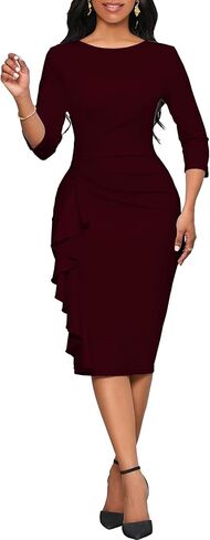 Fitted Work Dresses for Women 3/4 Sleeve Bodycon Ruffle Vintage Pencil Midi Dress in Kuwait
