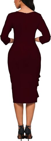 Fitted Work Dresses for Women 3/4 Sleeve Bodycon Ruffle Vintage Pencil Midi Dress in Kuwait