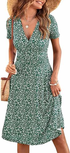 Msbasic Womens Summer Wrap v الرقبة الفساتين غير الرسمية الأزهار قصيرة الأكمام in Kuwait