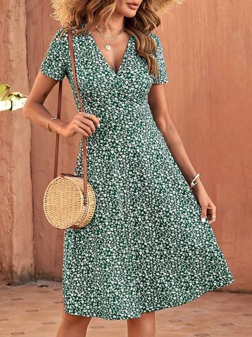 Msbasic Womens Summer Wrap v الرقبة الفساتين غير الرسمية الأزهار قصيرة الأكمام in Kuwait