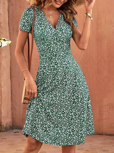 Msbasic Womens Summer Wrap v الرقبة الفساتين غير الرسمية الأزهار قصيرة الأكمام in Kuwait