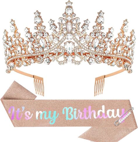 Birthday Crown Adult Woman & Glitter It's My Birthday Sash for Women Birthday Tiara for Women Princess Tiara Birthday Hat Birthday Headband for Parties Favors Rose Gold Birthday Decorations in Kuwait