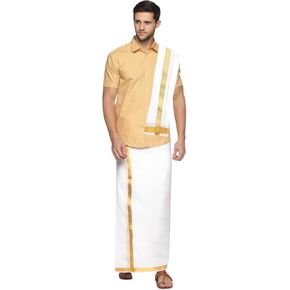 Chandrakala Men's Dhoti With Dupatta South indian Traditional Pooja Angvastram Towel Gamcha Cotton lungi Single Layer with Golden Border White,Free Size (MK113WHI)