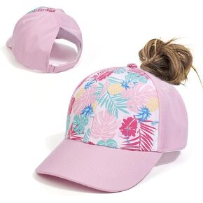 Girls Backless Cap Ponytail Hat High Messy Bun Baseball Caps Adjustable Sport Hat for Curly Hair (8-15 Years Old)