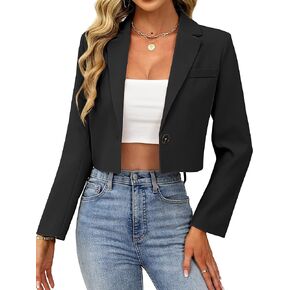 ELLEVEN Women’s Cropped Blazer Business Casual Open Front Long Sleeve One Button Jacket