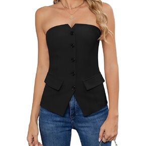 Women's Summer Strapless Vest Tops Notched Neck Tube Tops Button Fitted Sleeveless Work Business Blazer Vest