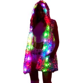 LED Light Up Jacket Vest for Women-Sparkling Pink Sequined Rave Outfit for Festivals,Parties,Halloween,Burning Man