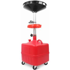 MaxWorks 50964 9-Gallon Portable Waste Oil Drain, Industrial Fluid Drain Square Tank with Wheels and Adjustable Funnel Height. Red.