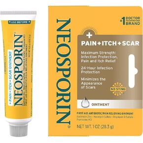 Neosporin First Aid Antibiotic Pain-Relieving, Anti-Itch, & Scar Ointment with Neomycin, Bacitracin Zinc, Pramoxine HCl & Polymyxin B, for Minor Cuts, Scrapes & Burns, 1 oz