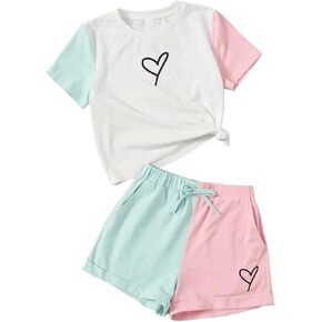 Kids Toddler Girl Clothes Outfits Color Clash Short Sleeve Heart Print Tops Summer Shorts Set