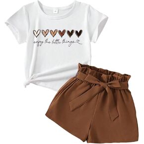 Kid Shorts Girls-Heart Print Short-Sleeved T-Shirt & Paper Bag Waist Belted Shorts-Short Sleeve Set (3-7T)