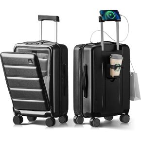 20 IN Carry On Luggage 22x14x9 Airline Approved - Front Pocket Hardside Travel Suitcase Unbreakable -with Cup Holder,Charging Port,Side Pothook, 360°Spinner Wheels, TSA Lock, White